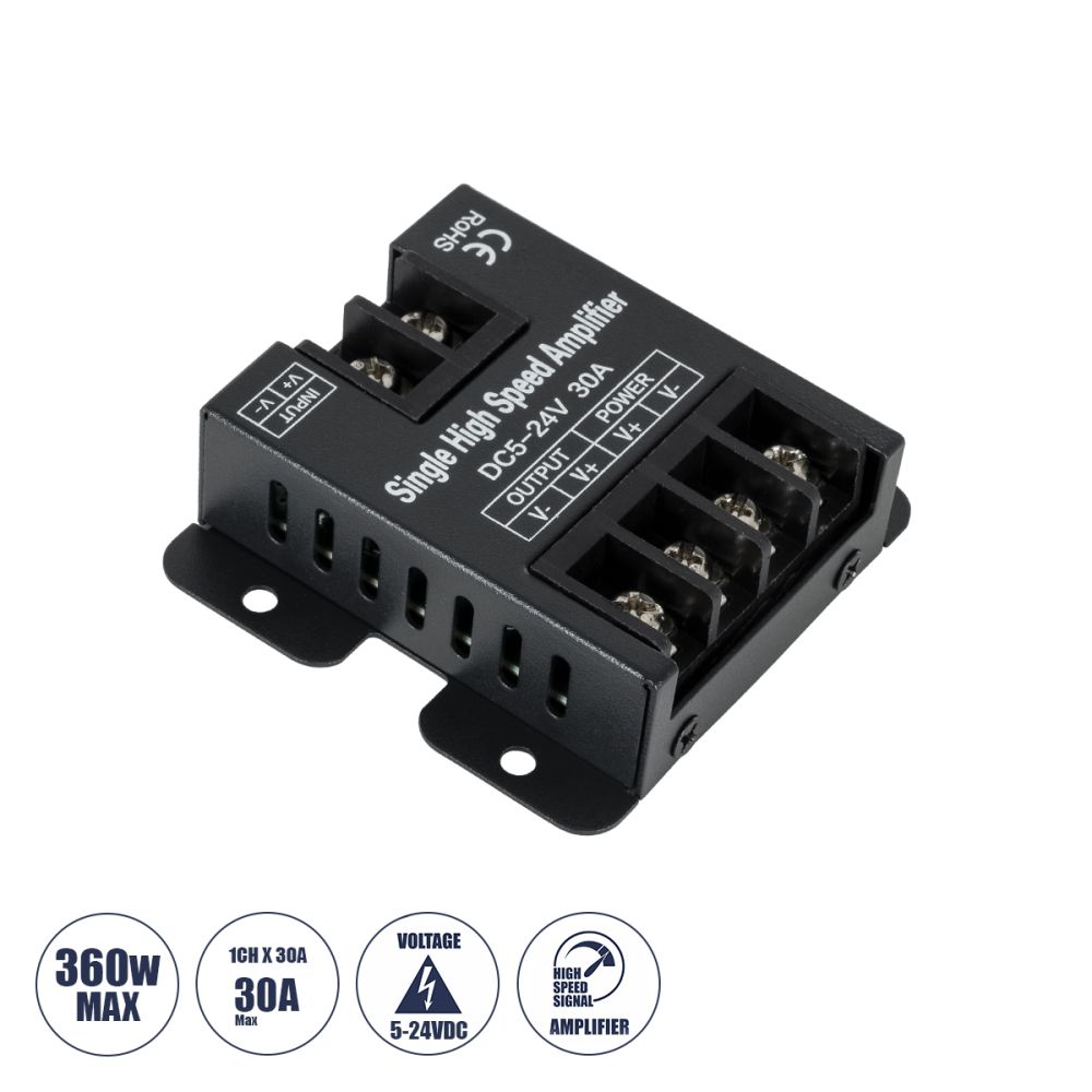 GLOBOSTAR® AMPLIFIER 73396 DC Ενισχυτής Ισχύος & Σήματος Υψηλής Ταχύτητας με 1 x 30A 360W Κανάλια DC 5-24V 30A 360W Max IP20 - Μ6.3 x Π6.7 x Υ2cm - 3 Χρόνια Εγγύηση