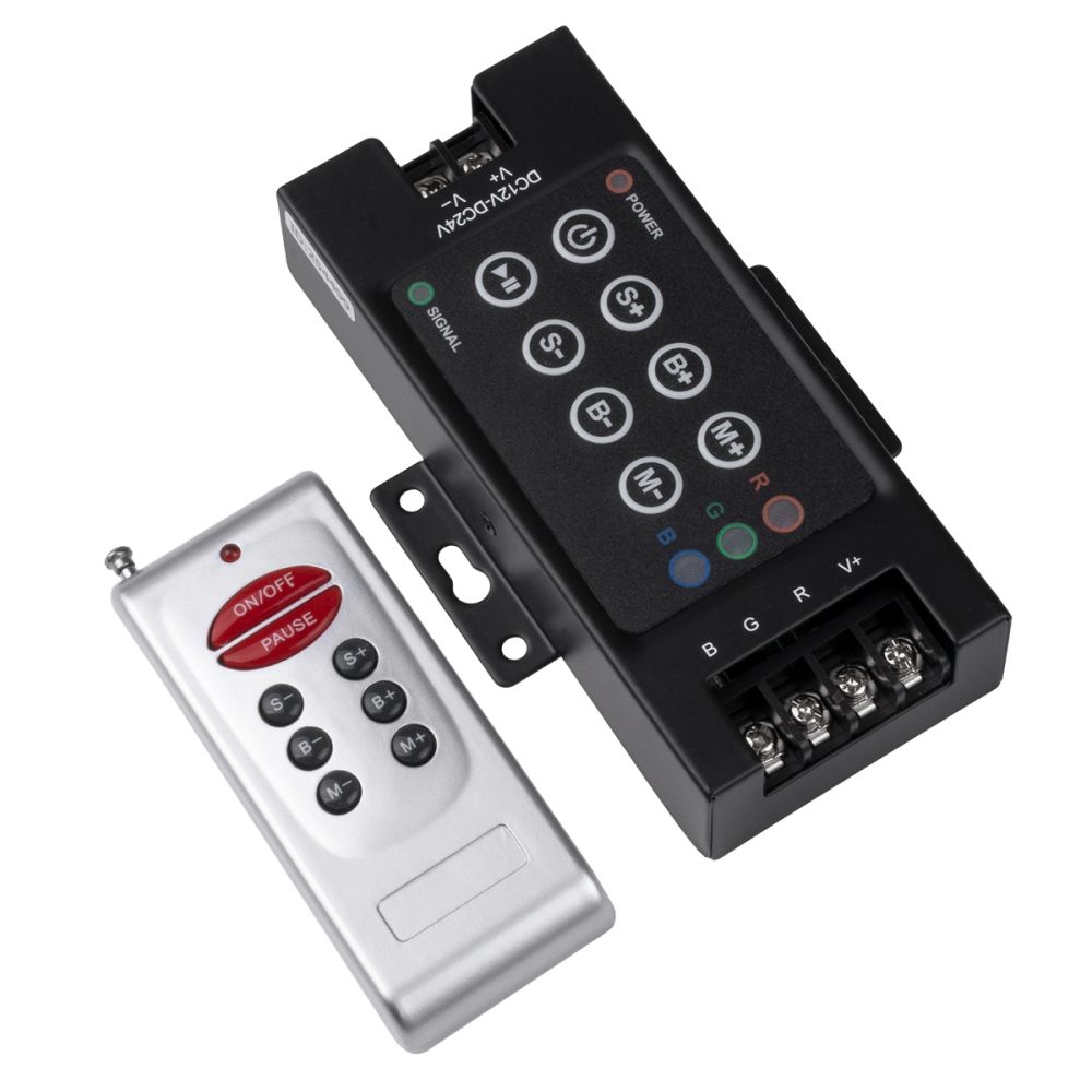 GLOBOSTAR® RGBCONTROLLER 73405 Dimmer / Controller με RF Ασύρματο Χειριστήριο με 3 x 10A 240W Κανάλια DC 12-24V 30A 720W Max IP20 - RF2.4Ghz - Μ12.1 x Π7.5 x Υ2.5cm - 2 Χρόνια Εγγύηση