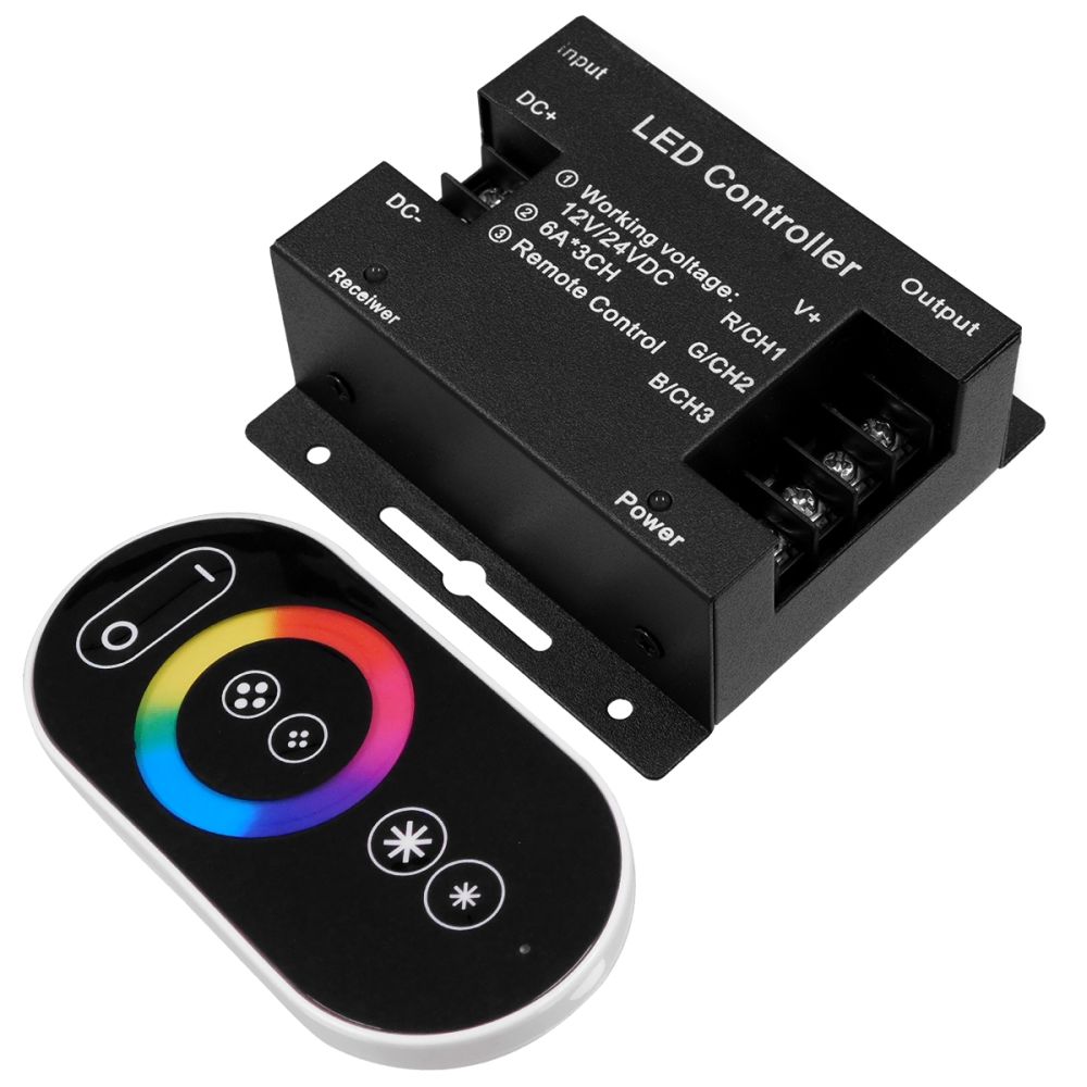 GLOBOSTAR® RGBCONTROLLER 73406 Dimmer / Controller με RF Ασύρματο Χειριστήριο με 3 x 6A 180W Κανάλια DC 12-24V 18A 432W Max IP20 - RF2.4Ghz - Μ8.3 x Π8.1 x Υ3.3cm - 2 Χρόνια Εγγύηση