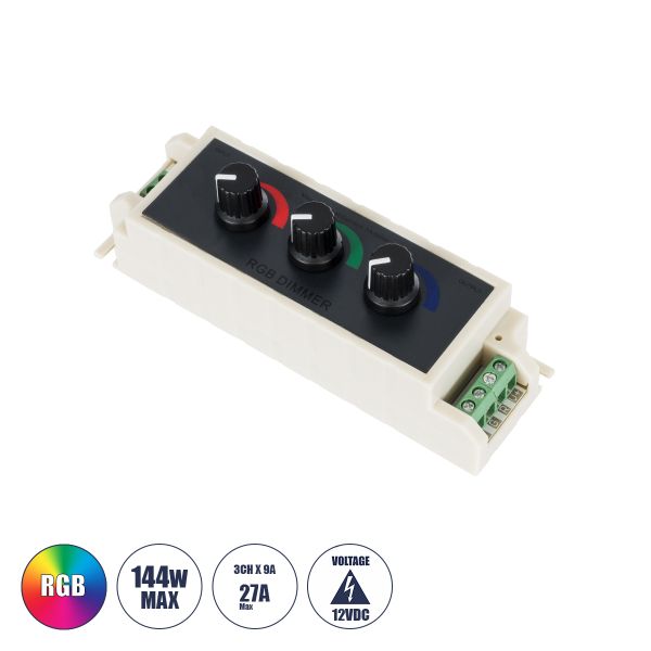 GloboStar® 73419 DC RGB Dimmer Controller 3 Καναλιών DC 12V 3 x 9A 144W - Max 27A 144W - IP20 Μ13 x Π4 x Υ4.5cm - 3 Χρόνια Εγγύηση