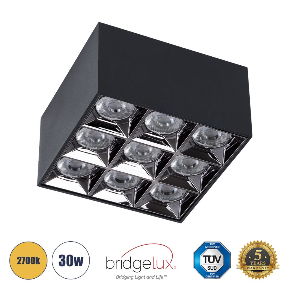 GLOBOSTAR® LUMINAR 60337 Downlight Σποτ LED 30W 4050lm 36° AC 220-240V IP20 Θερμό Λευκό 2700K - Osram SMD Chip & TÜV SÜD Driver - Μαύρο Ματ - Μ12 x Π12 x Υ6.6cm - 5 Χρόνια Εγγύηση