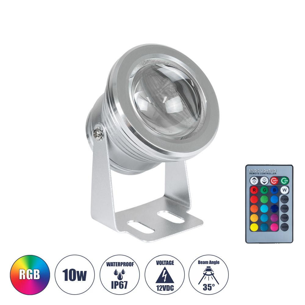 GLOBOSTAR® TREECOBINI 75592 Φωτιστικό Σποτ για Φυτά - Δέντρα με IR Ασύρματο Χειριστήριο LED 10W 500lm 35° DC 12V Αδιάβροχο IP67 Πολύχρωμο RGB Dimmable - Bridgelux COB Chip - Νίκελ Βούρτσας - Μ7 x Π10.5 x Υ8.5cm - 2 Χρόνια Εγγύηση