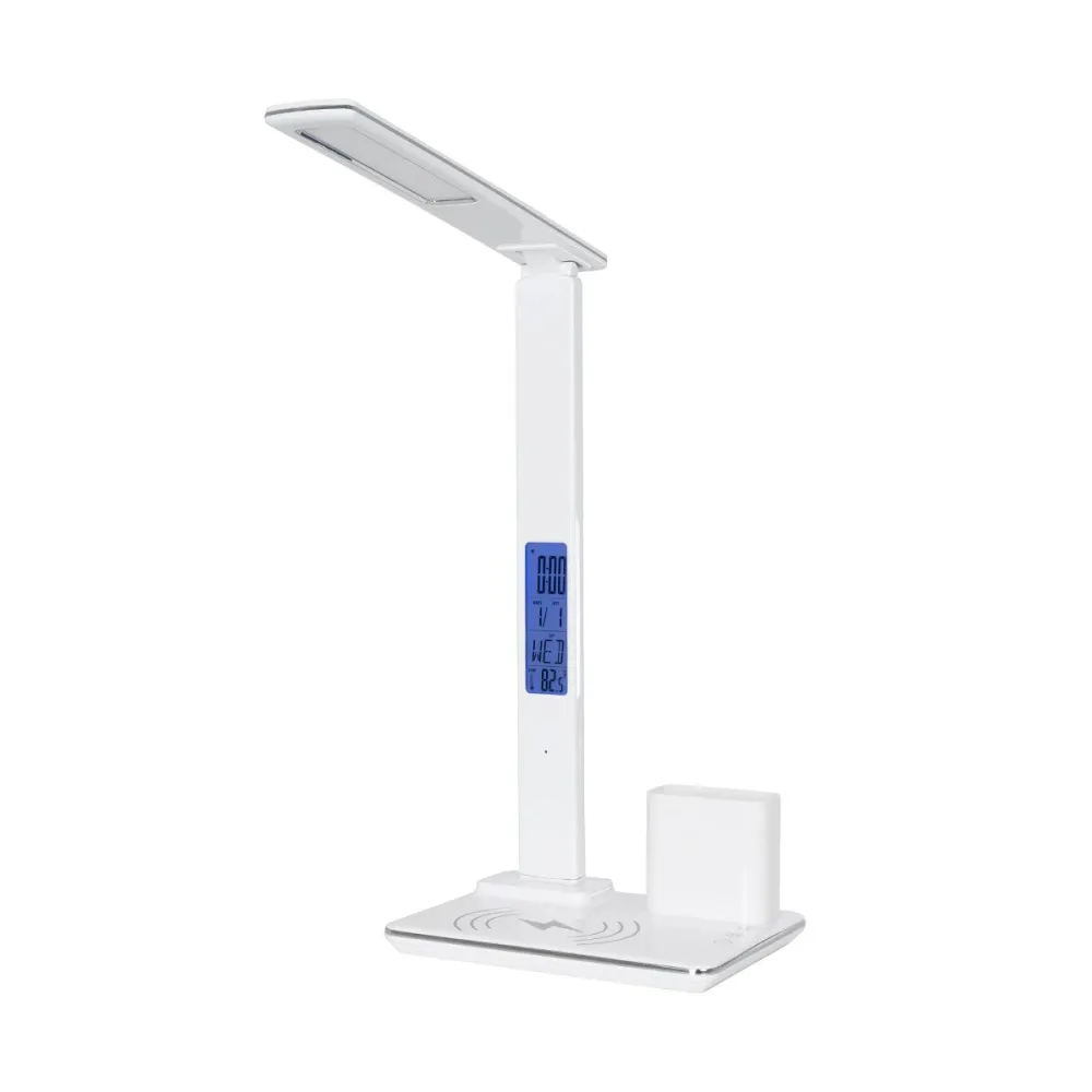 GLOBOSTAR® ZENTIME 76554 Μοντέρνο Επιτραπέζιο Φωτιστικό Γραφείου με Ασύρματη Φόρτιση 15W 3A & Ψηφιακό Ρολόι LED 3.5W 350lm 120° DC 5V με USB-C IP20 Ρυθμιζόμενο Λευκό CCT με Αφή 2700K/4500K/6000K Dimmable - Sanan SMD Chip - Μαύρο - Μ19.5 x Π14.5 x Υ38.