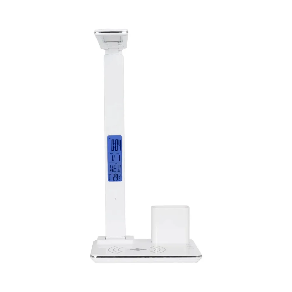 GLOBOSTAR® ZENTIME 76554 Μοντέρνο Επιτραπέζιο Φωτιστικό Γραφείου με Ασύρματη Φόρτιση 15W 3A & Ψηφιακό Ρολόι LED 3.5W 350lm 120° DC 5V με USB-C IP20 Ρυθμιζόμενο Λευκό CCT με Αφή 2700K/4500K/6000K Dimmable - Sanan SMD Chip - Μαύρο - Μ19.5 x Π14.5 x Υ38.