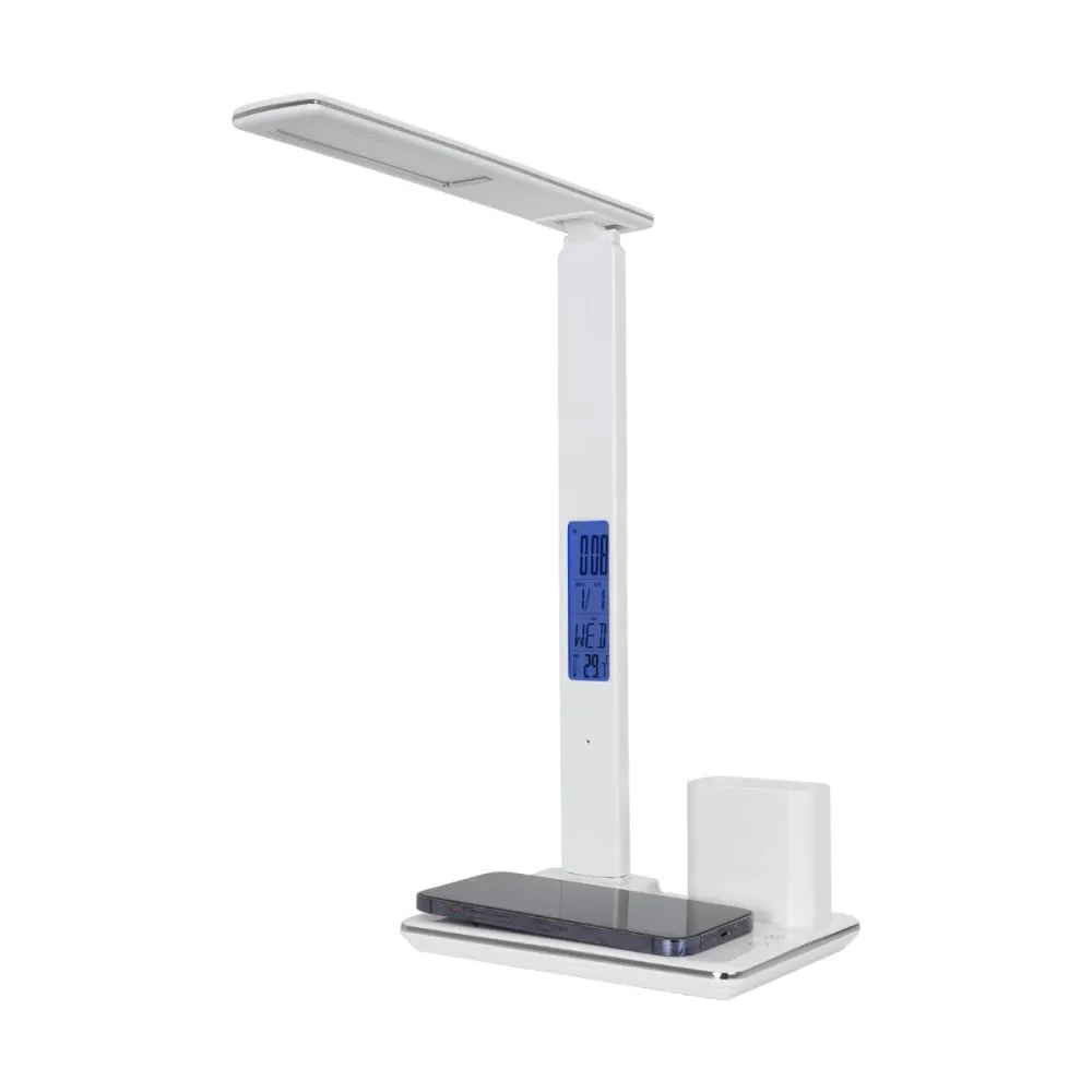 GLOBOSTAR® ZENTIME 76554 Μοντέρνο Επιτραπέζιο Φωτιστικό Γραφείου με Ασύρματη Φόρτιση 15W 3A & Ψηφιακό Ρολόι LED 3.5W 350lm 120° DC 5V με USB-C IP20 Ρυθμιζόμενο Λευκό CCT με Αφή 2700K/4500K/6000K Dimmable - Sanan SMD Chip - Μαύρο - Μ19.5 x Π14.5 x Υ38.