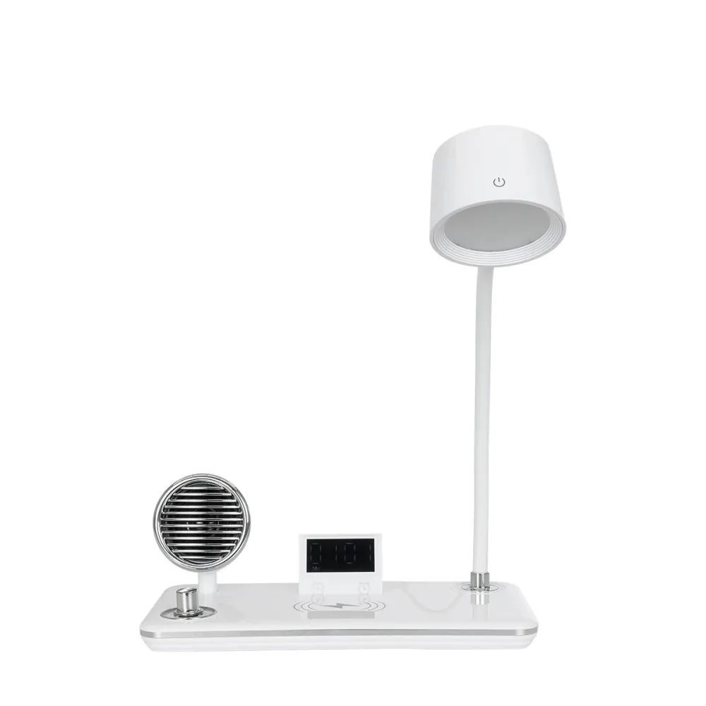 GLOBOSTAR® OLDY 76557 Μοντέρνο Επιτραπέζιο Φωτιστικό Γραφείου με Ασύρματη Φόρτιση 15W 3A, 5W Bluetooth Ηχείο & Ψηφιακό Ρολόι LED 3W 300lm 120° DC 5V με USB-C IP20 Ρυθμιζόμενο Λευκό CCT με Αφή 2700K/4500K/6000K Dimmable - Sanan SMD Chip - Λευκό - Μ13 x