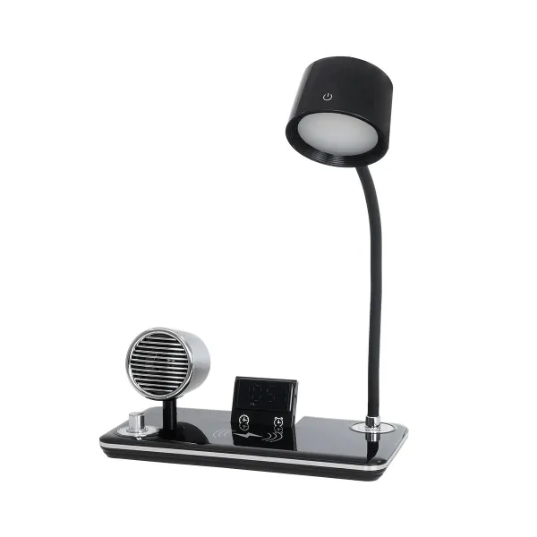GLOBOSTAR® OLDY 76563 Μοντέρνο Επιτραπέζιο Φωτιστικό Γραφείου με Ασύρματη Φόρτιση 15W 3A, 5W Bluetooth Ηχείο & Ψηφιακό Ρολόι LED 3W 300lm 120° DC 5V με USB-C IP20 Ρυθμιζόμενο Λευκό CCT με Αφή 2700K/4500K/6000K Dimmable - Sanan SMD Chip - Μαύρο - Μ13 x