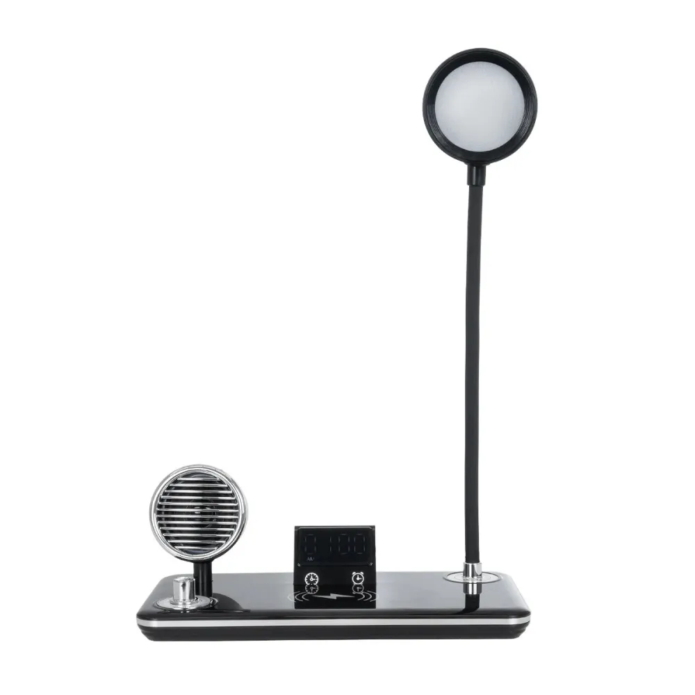 GLOBOSTAR® OLDY 76563 Μοντέρνο Επιτραπέζιο Φωτιστικό Γραφείου με Ασύρματη Φόρτιση 15W 3A, 5W Bluetooth Ηχείο & Ψηφιακό Ρολόι LED 3W 300lm 120° DC 5V με USB-C IP20 Ρυθμιζόμενο Λευκό CCT με Αφή 2700K/4500K/6000K Dimmable - Sanan SMD Chip - Μαύρο - Μ13 x