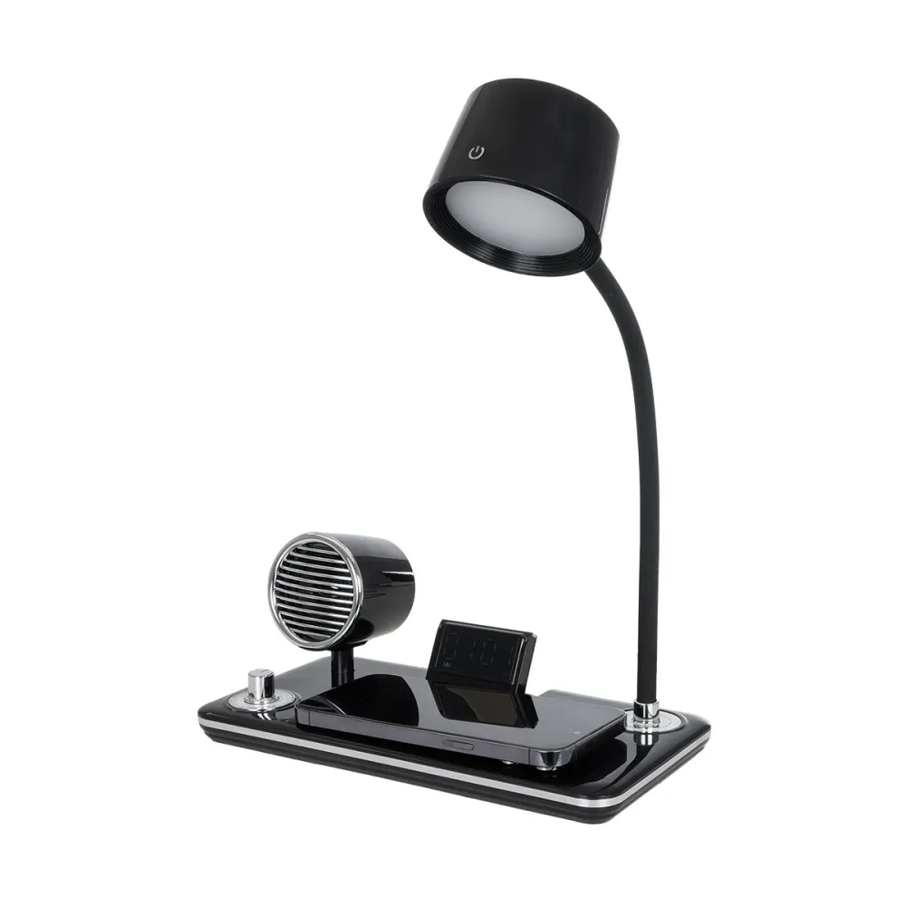 GLOBOSTAR® OLDY 76563 Μοντέρνο Επιτραπέζιο Φωτιστικό Γραφείου με Ασύρματη Φόρτιση 15W 3A, 5W Bluetooth Ηχείο & Ψηφιακό Ρολόι LED 3W 300lm 120° DC 5V με USB-C IP20 Ρυθμιζόμενο Λευκό CCT με Αφή 2700K/4500K/6000K Dimmable - Sanan SMD Chip - Μαύρο - Μ13 x