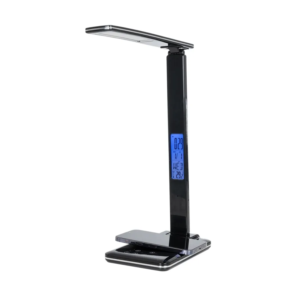 GLOBOSTAR® ZENTIME 76564 Μοντέρνο Επιτραπέζιο Φωτιστικό Γραφείου με Ασύρματη Φόρτιση 10W 2A & Ψηφιακό Ρολόι LED 3.5W 350lm 120° DC 5V με USB-C IP20 Ρυθμιζόμενο Λευκό CCT με Αφή 2700K/4500K/6000K Dimmable - Sanan SMD Chip - Μαύρο - Μ18 x Π12 x Υ40cm - 