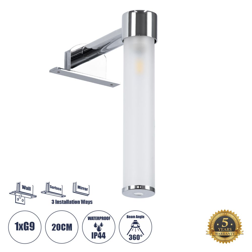 GLOBOSTAR® ELSA 60406 Μοντέρνο Φωτιστικό Τοίχου - Απλίκα Καθρέπτη Μπάνιου με Ντουί 1 x G9 AC 220-240V IP44 - Νίκελ Χρώμιο & Λευκό - Μ3.5 x Π13.5 x Υ20cm