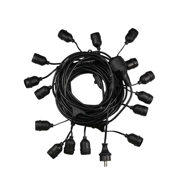 GloboStar® 78983 WIRE GARLAND Καλωδιογιρλάντα PVC 10 Μέτρων με 15 Ντουί E27 με Πρίζα Schuko Επεκτεινόμενη Αδιάβροχη IP65