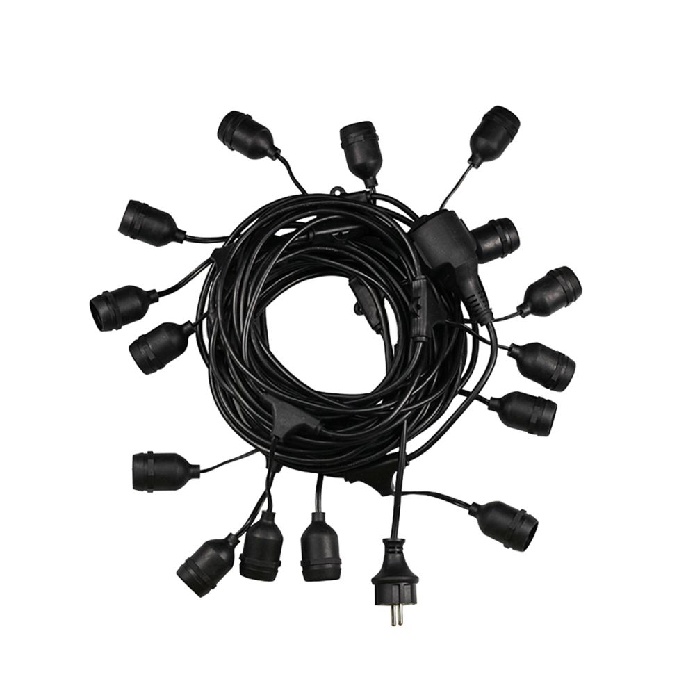 GLOBOSTAR® E27GARLAND 78984 Μοντέρνο Φωτιστικό Κήπου Γιρλάντα 15m με Ντουί 15 x E27 & Πρίζα Schuko Επεκτεινόμενη 90° AC 220-240V IP65 - Μαύρο - Μ1500 x Π92 x Υ16cm