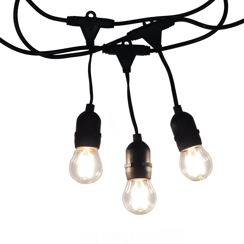 GLOBOSTAR® E27GARLAND 78984 Μοντέρνο Φωτιστικό Κήπου Γιρλάντα 15m με Ντουί 15 x E27 & Πρίζα Schuko Επεκτεινόμενη 90° AC 220-240V IP65 - Μαύρο - Μ1500 x Π92 x Υ16cm