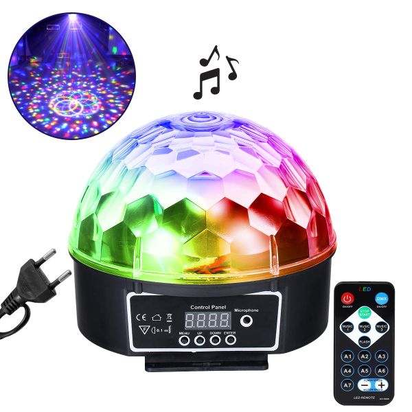 GloboStar® 79602 LED Party Disco Μπάλα με Περιστρεφόμενα Φωτορυθμικά Εφέ Πολύχρωμη RGB DMX512 20W με Sound Control Activated Εφέ και με Ασύρματο Χειριστήριο AC 230V IP20 Φ17 x Υ15cm