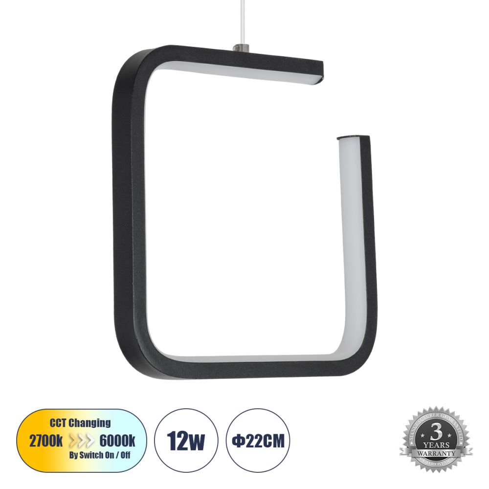 GLOBOSTAR® CEROBA 61308 Μοντέρνο Κρεμαστό Φωτιστικό Οροφής LED 12W 1320lm 360° AC 220-240V IP20 Ρυθμιζόμενο Λευκό CCT με On/Off 2700K/4500K/6000K - Lumileds SMD Chip - Μαύρο Ματ - Μ22 x Π2 x Υ22cm - 3 Χρόνια Εγγύηση