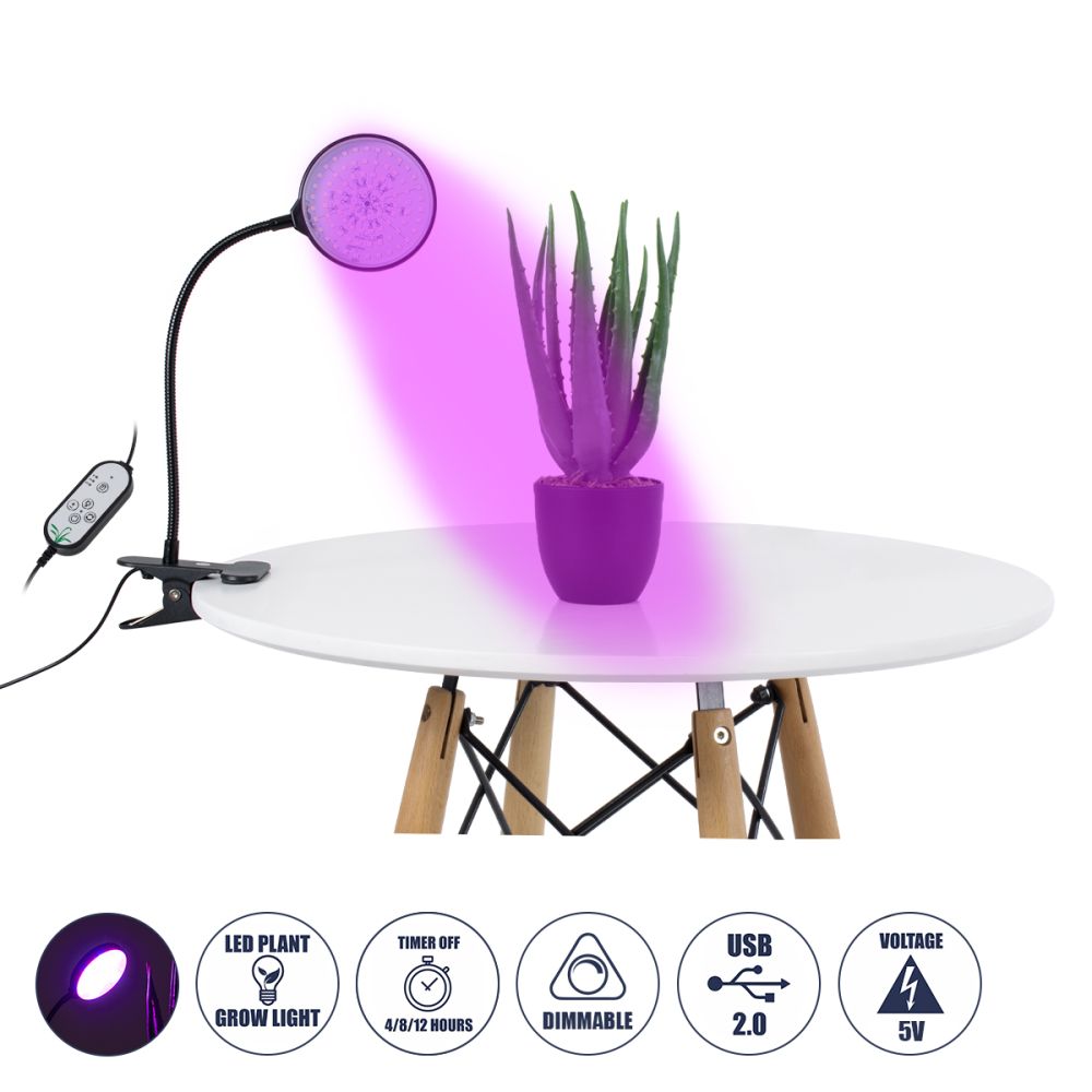 GLOBOSTAR® GROWME 79648 Φωτιστικό Ανάπτυξης Φυτών με Ενσωματωμένο Χειριστήριο LED 5W 150lm 160° DC 5V με USB 2.0 IP20 Πολύχρωμο Πλήρους Φάσματος Κόκκινο 660nm & Μπλε 450nm & UVIR 730nm Dimmable - Sanan SMD Chip - Μαύρο - Μ10 x Π20 x Υ36cm - 2 Χρόν