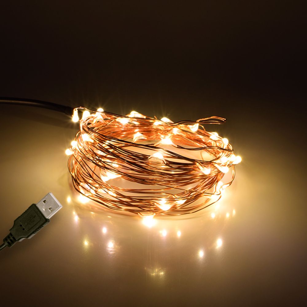 GLOBOSTAR® STRINGLIGHT 79721 Γιρλάντα 5m 50 LED 3W 180lm 360° DC 5V με USB 2.0 IP20 Θερμό Λευκό 2700Κ Dimmable - Χάλκινο - Μ500 x Π0.6 x Υ0.6cm - 1 Χρόνο Εγγύηση