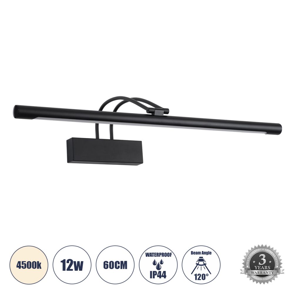 GLOBOSTAR® LAURA 60424 Μοντέρνο Φωτιστικό Τοίχου - Απλίκα Καθρέπτη Μπάνιου LED 12W 1400lm 120° AC 220-240V IP44 Φυσικό Λευκό 4500K - Lumileds SMD Chip & TÜV SÜD Driver - Μαύρο Ματ - Μ60 x Π27 x Υ13cm - 3 Χρόνια Εγγύηση