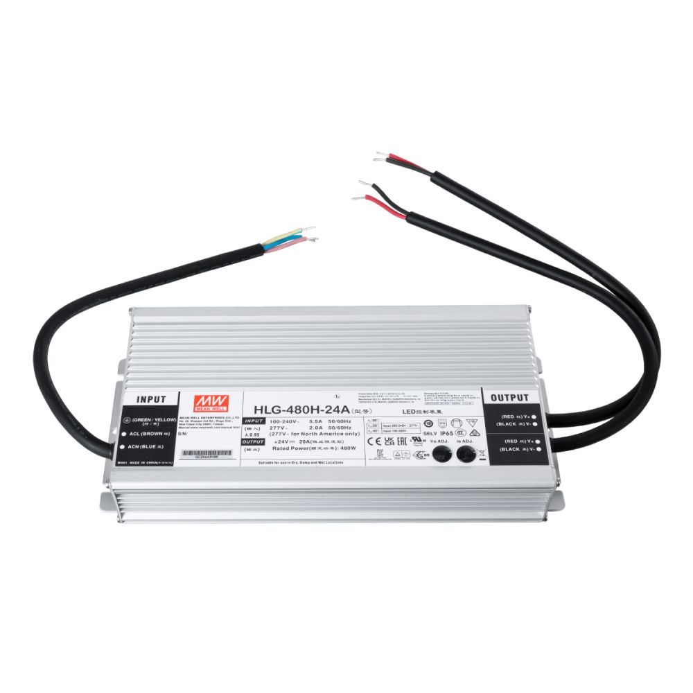 GLOBOSTAR® MEANWELL-HLG480H-24A 90795 Τροφοδοτικό/Μετασχηματιστής Class I SELV 480W 20A AC 220-240V σε DC 24V Αδιάβροχο IP65 - Ρυθμιζόμενo από DC 20.4V έως DC 25.2V - Ασημί - Μ26.2 x Π12.5 x Υ4.4cm - 3 Χρόνια Εγγύηση