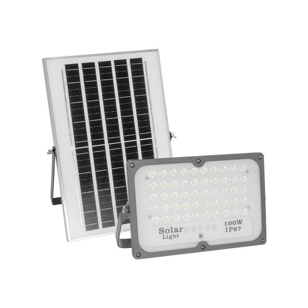 GLOBOSTAR® LUMOVOX 73067 Προβολέας LED 100W 5000lm 120° DC 5V με Φωτοβολταϊκό Panel 5V 8W & Επαναφορτιζόμενη Μπαταρία Li-ion 3.2V 5000mAh Αδιάβροχο IP67 Ψυχρό Λευκό 6000K - 120 x SMD2835 Sanan Chip - Γκρι Ανθρακί - Μ25 x Π5.5 x Υ17.5cm - 2 Χρόνια Εγγύ