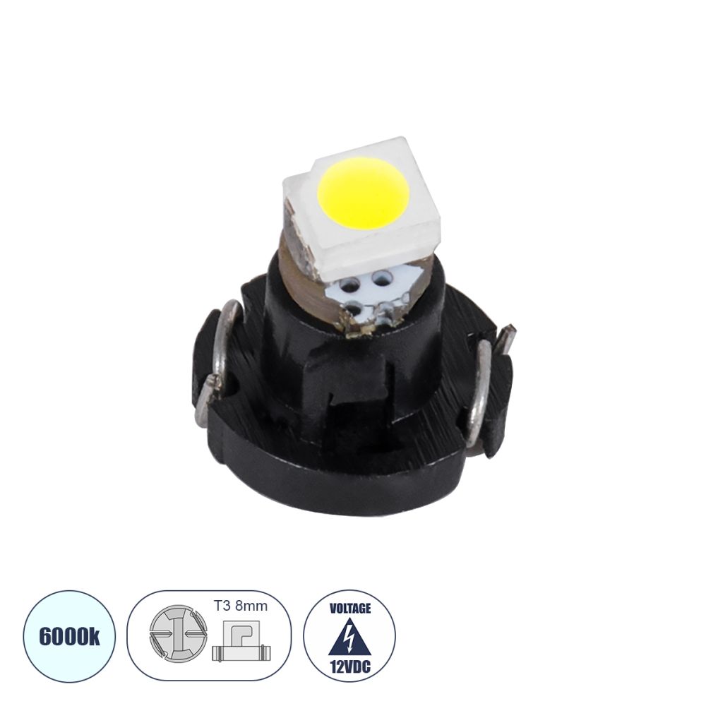 GLOBOSTAR® T3 81001 Λάμπα T3 8mm B8.5d LED 0.12W 9lm 120° DC 12V IP20 Ψυχρό Λευκό 6000K - 1 x Epistar SMD1210 Chip - Μ0.8 x Π0.8 x Υ0.7cm - 1 Χρόνο Εγγύηση