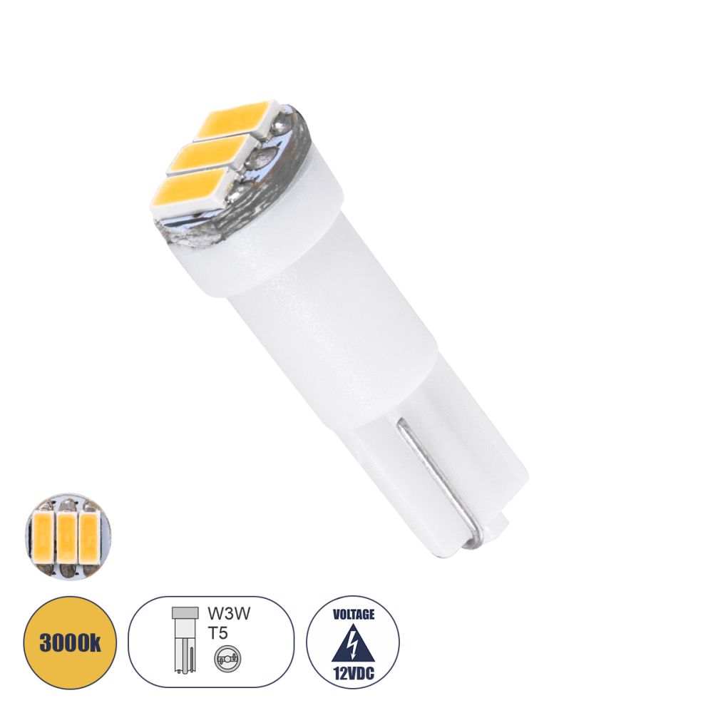 GloboStar® T5 81037 Λάμπα Αυτοκινήτου LED 3xSMD4014 0.9W 135lm 120° DC 12V IP20 Φ0.6 x Υ1.8cm Θερμό Λευκό 3000K