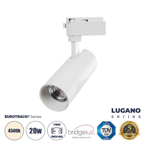 GLOBOSTAR® LUGANO 60807 Μονοφασικό Σποτ Ράγας LED 20W 2500lm 36° AC 220-240V IP20 Φυσικό Λευκό 4500K - Bridgelux COB Chip & TÜV SÜD Driver - Eurotrack 1PH  - Λευκό Ματ - Μ6.5 x Π6.5 x Υ22cm - 5 Χρόνια Εγγύηση
