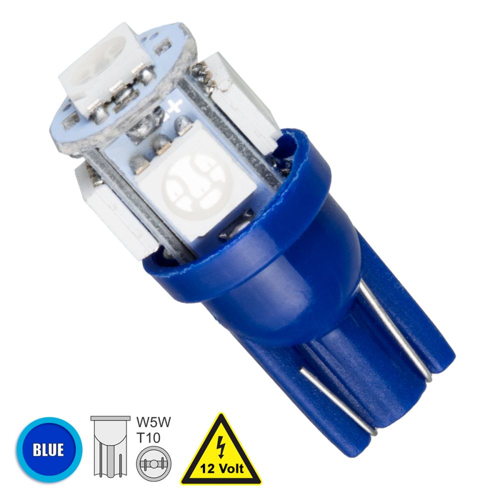 GLOBOSTAR® W5W-T10 81053 Λάμπα W5W T10 LED 0.36W 45lm 360° DC 12V IP20 Μπλε - 5 x Epistar SMD5050 Chip - Μ1.2 x Π1.2 x Υ2.7cm - 1 Χρόνο Εγγύηση