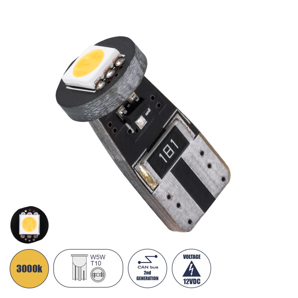 GloboStar® T10 W5W 81081 Λάμπα Αυτοκίνητου LED  2rd Generation Can-Bus Series 1xSMD5050 1W 22lm 120° DC 12V IP20 Φ1 x H2.2cm Θερμό Λευκό 3000K
