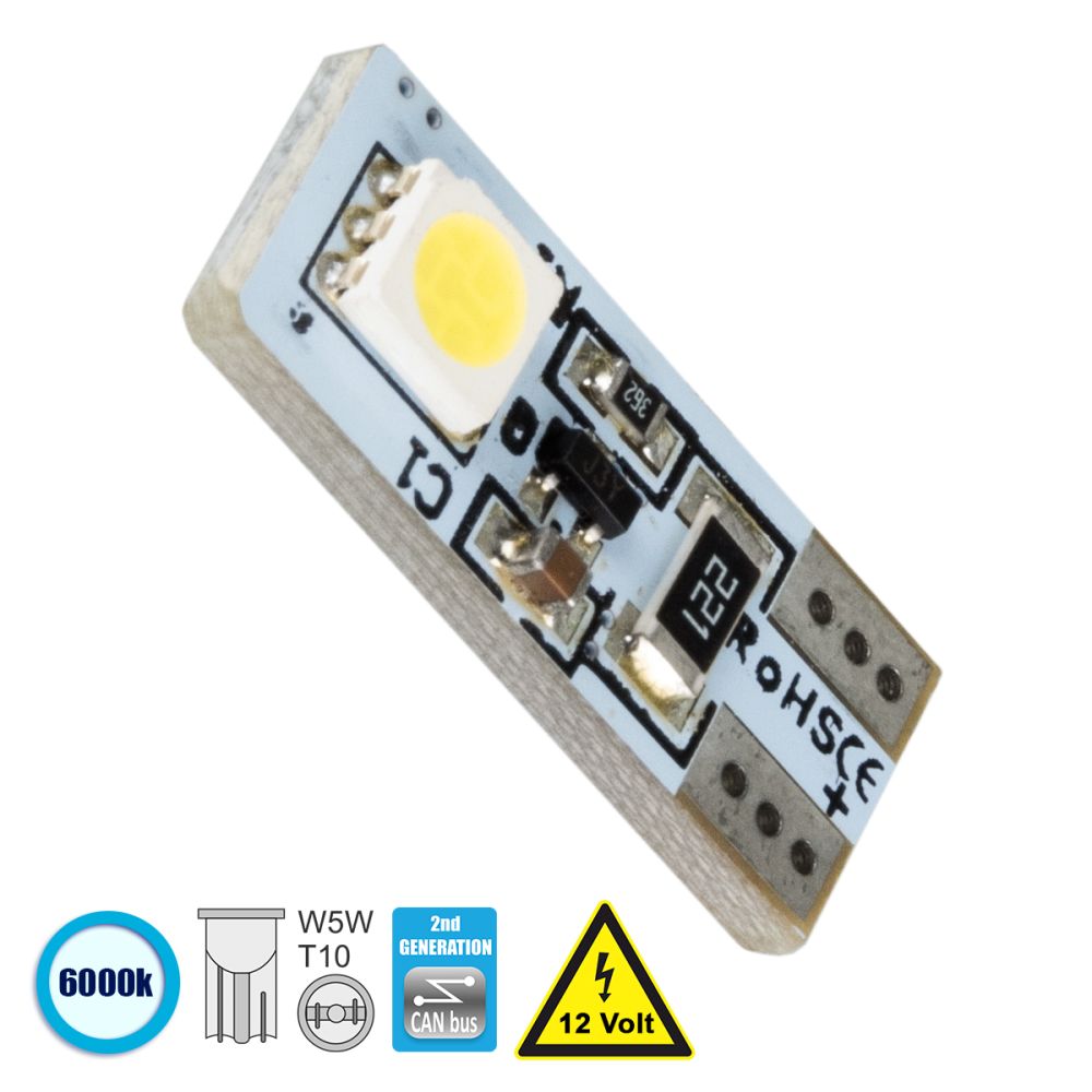 GloboStar® T10 W5W 81087 Λάμπα Αυτοκίνητου  2rd Generation Can-Bus Series LED 2 SMD 5050 1.2W 40lm 360° DC 12V IP20 Ψυχρό Λευκό 6000K