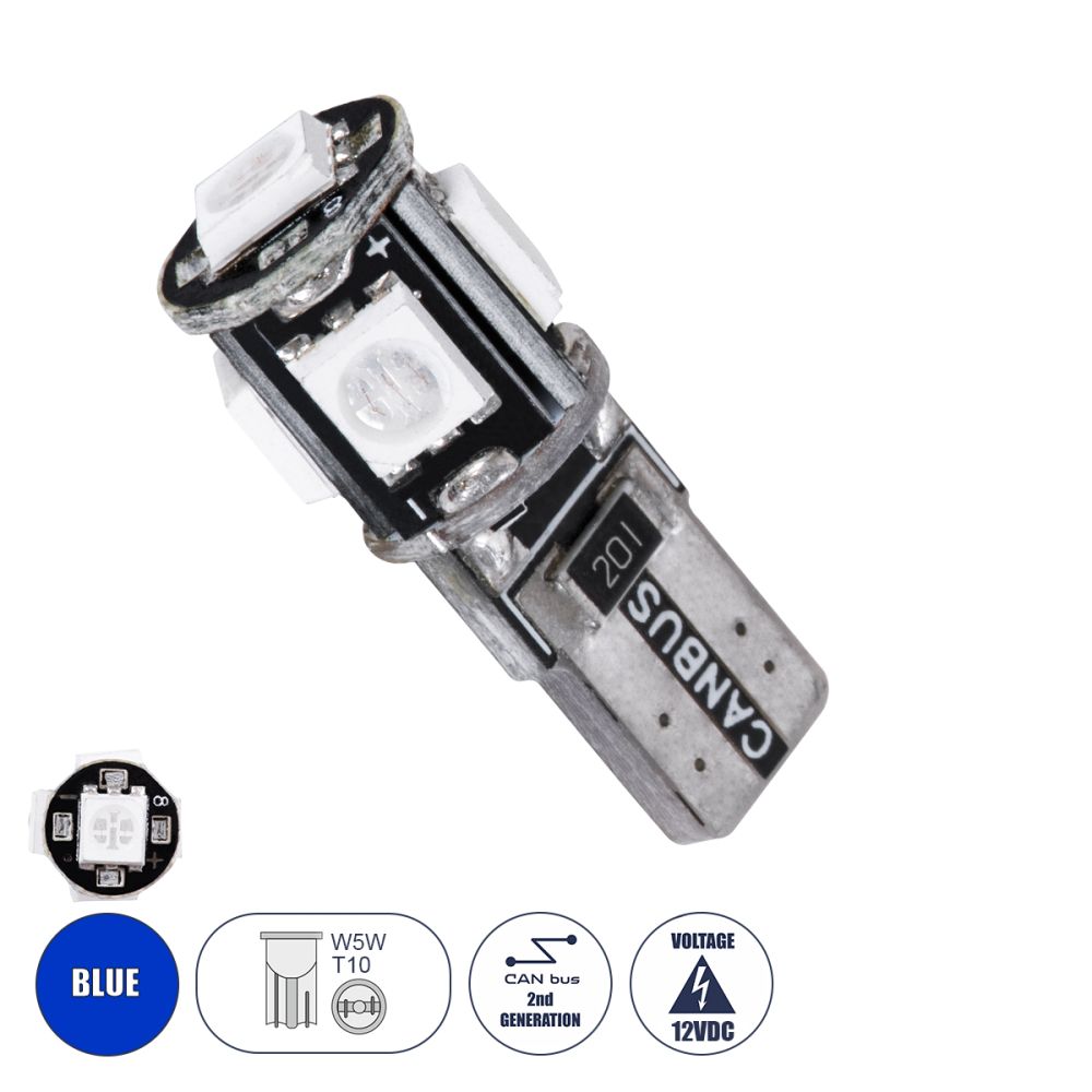 GloboStar® T10 W5W 25000 Λάμπα Αυτοκίνητου LED  2rd Generation Can-Bus Series 5xSMD5050 2.30W 240lm 360° DC 12V IP20 Φ1.1 x Υ2.7cm Μπλε