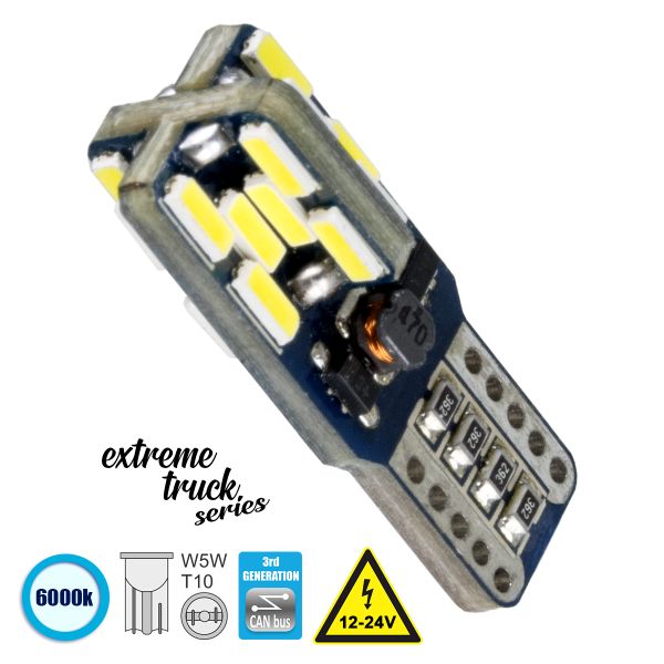 GLOBOSTAR® W5W-T10 81106 Λάμπα W5W T10 CANbus LED 4.8W 720lm 360° DC 12-24V IP20 Ψυχρό Λευκό 6000K - 24 x Epistar SMD4014 Chip - Μ1 x Π1 x Υ2.7cm - 1 Χρόνο Εγγύηση