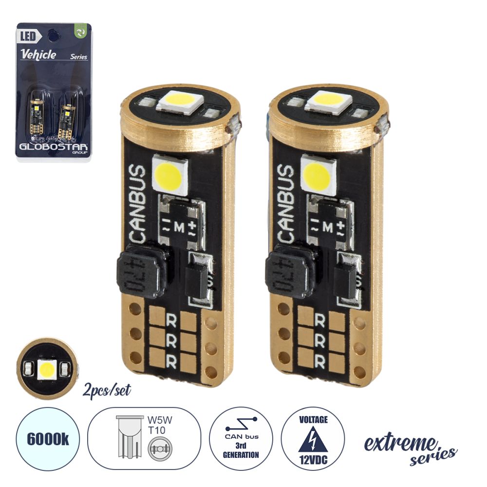 GloboStar® T10 W5W 81115-B Λάμπες Αυτοκινήτου LED  3rd Generation Can-Bus Extreme Series 3xSMD3030 2W/4W 150lm/300lm 360° DC 12V IP20 Φ1 x Υ2.5cm Ψυχρό Λευκό 6000K - Σετ 2 Τεμαχίων σε Blister
