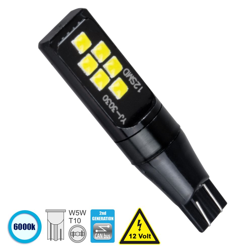GloboStar® T10 W5W 81121 Λάμπα Αυτοκίνητου  2nd Generation Can-Bus Series LED 12 SMD 3030 3W 440lm 360° DC 12V IP20 Ψυχρό Λευκό 6000K