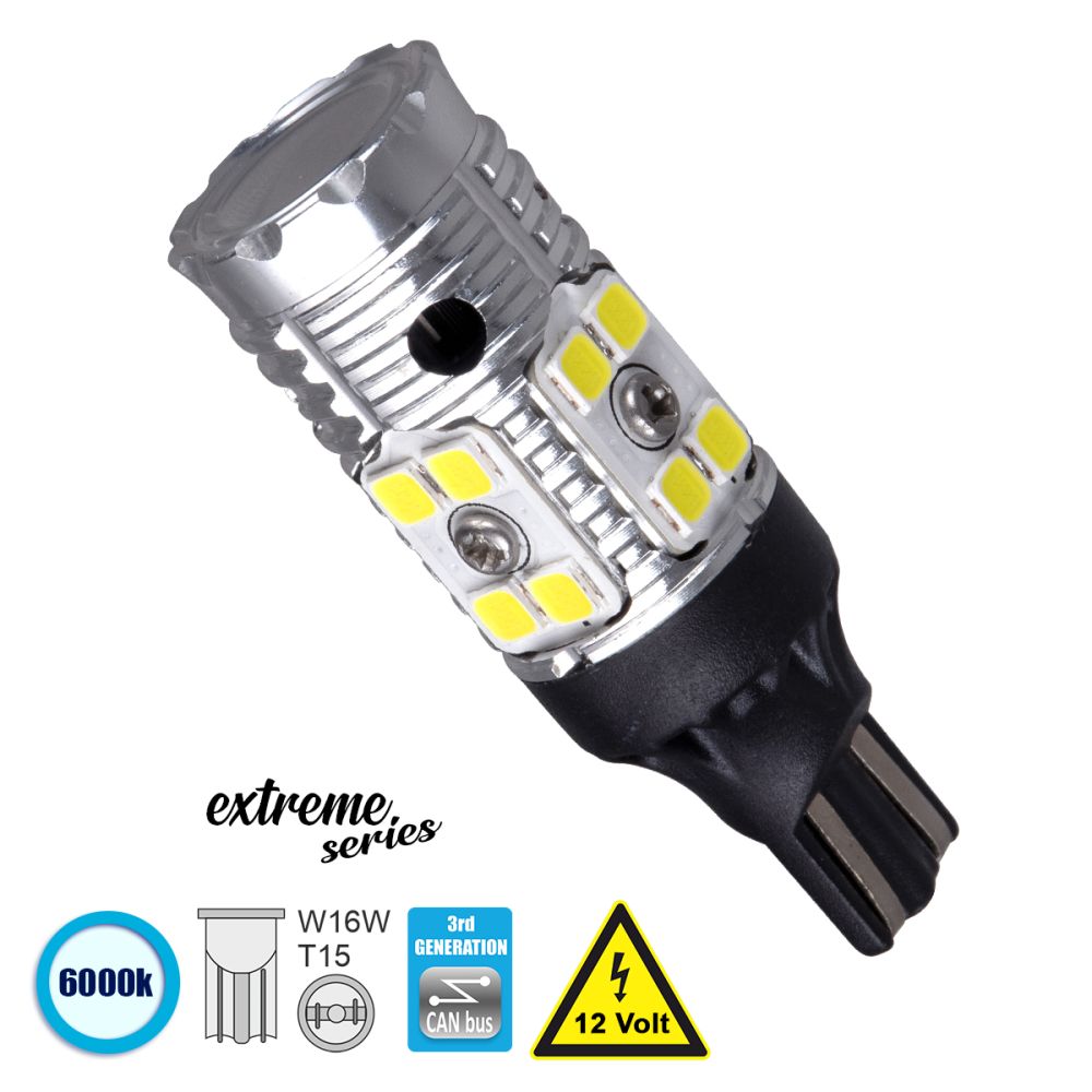 GloboStar® T10 W5W 81131 Λάμπα Αυτοκίνητου T15 - W16W 3rd Generation Can-Bus Extreme Series LED 16 SMD 3030 13.5W 640lm 360° DC 12V IP20 Ψυχρό Λευκό 6000K