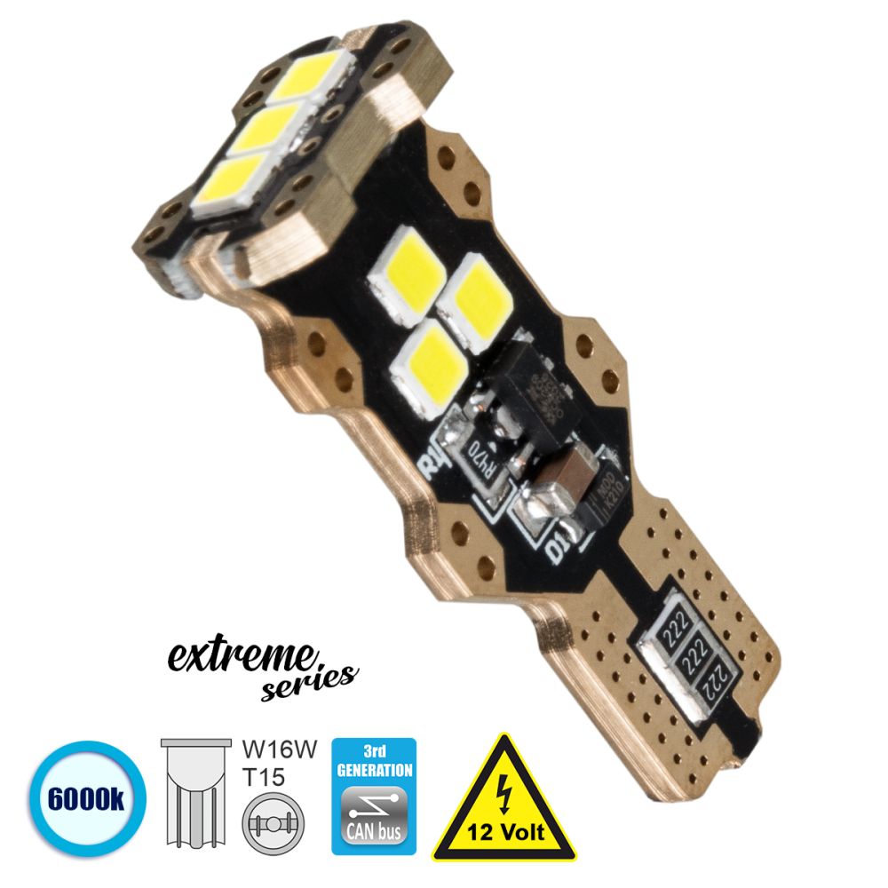 GloboStar® T10 W5W 81132 Λάμπα Αυτοκίνητου T15 - W16W 3rd Generation Can-Bus Extreme Series LED 9 SMD 3030 3.36W 337lm 360° DC 12V IP20 Ψυχρό Λευκό 6000K