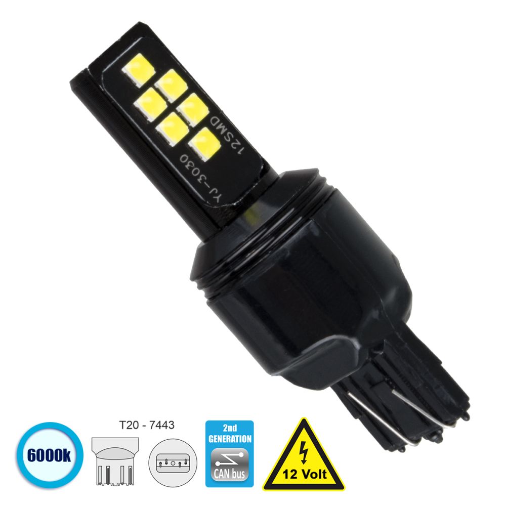 GLOBOSTAR® W21W/5W-T20 81159 Λάμπα W21W T20 7443 CANbus LED 4W 440lm 360° DC 12V IP20 Ψυχρό Λευκό 6000K - 12 x Epistar SMD3030 Chip - Μ2 x Π2 x Υ6cm - 1 Χρόνο Εγγύηση