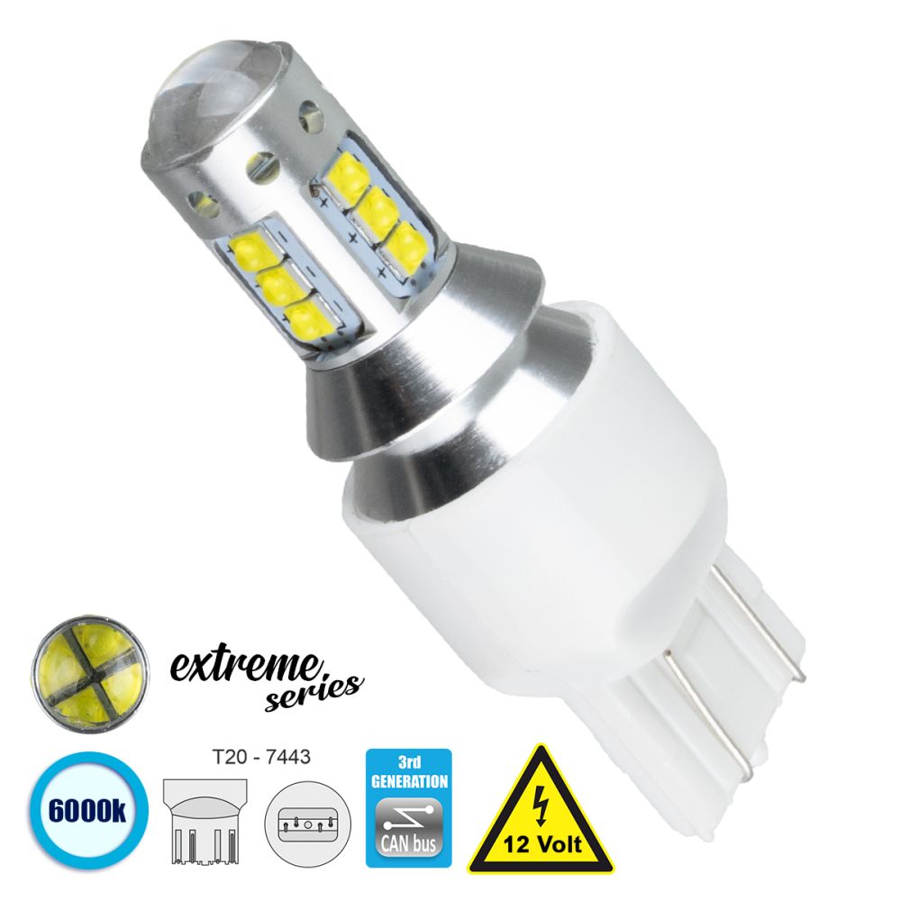 GloboStar® 81166 Λάμπα Αυτοκίνητου T20 - 7443 - W21/5W 3rd Generation Can-Bus Extreme Series LED 16 CREE XBD 5.4W 760lm 360° DC 12V IP20 Ψυχρό Λευκό 6000K