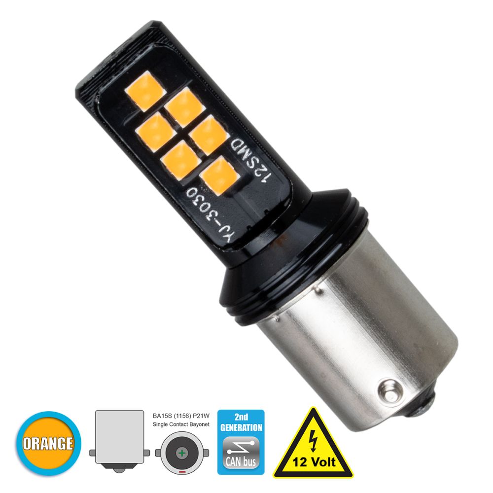 GloboStar® 1156 - BA15S - P21W 81245 Λάμπα Αυτοκίνητου  2nd Generation Can-Bus Series LED 12 SMD 3030 4W 200lm 360° DC 12V IP20 Πορτοκαλί