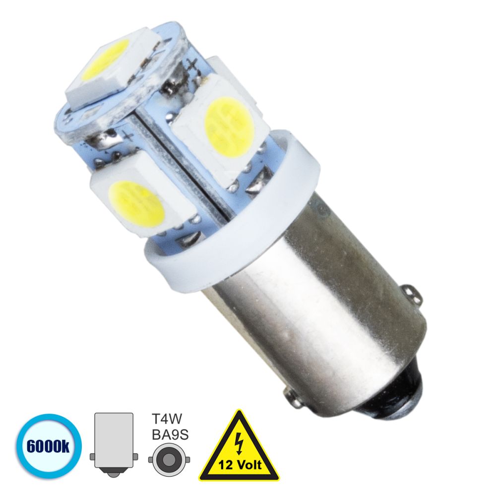GLOBOSTAR® BA9S-T4W 81284 Λάμπα Ba9S T4W LED 0.48W 100lm 360° DC 12V IP20 Ψυχρό Λευκό 6000K - 5 x Epistar SMD5050 Chip - Μ1.1 x Π1.1 x Υ2.5cm - 1 Χρόνο Εγγύηση