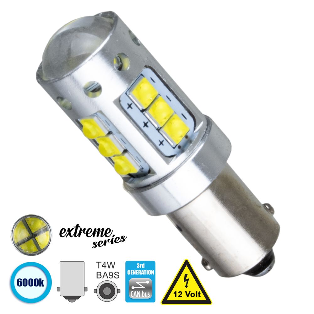 GLOBOSTAR® BA9S-T4W 81295 Λάμπα Ba9S T4W CANbus LED 3.5W 760lm 360° DC 12V IP20 Ψυχρό Λευκό 6000K - 16 x CREE XBD Chip - Μ1.1 x Π1.1 x Υ4cm - 1 Χρόνο Εγγύηση