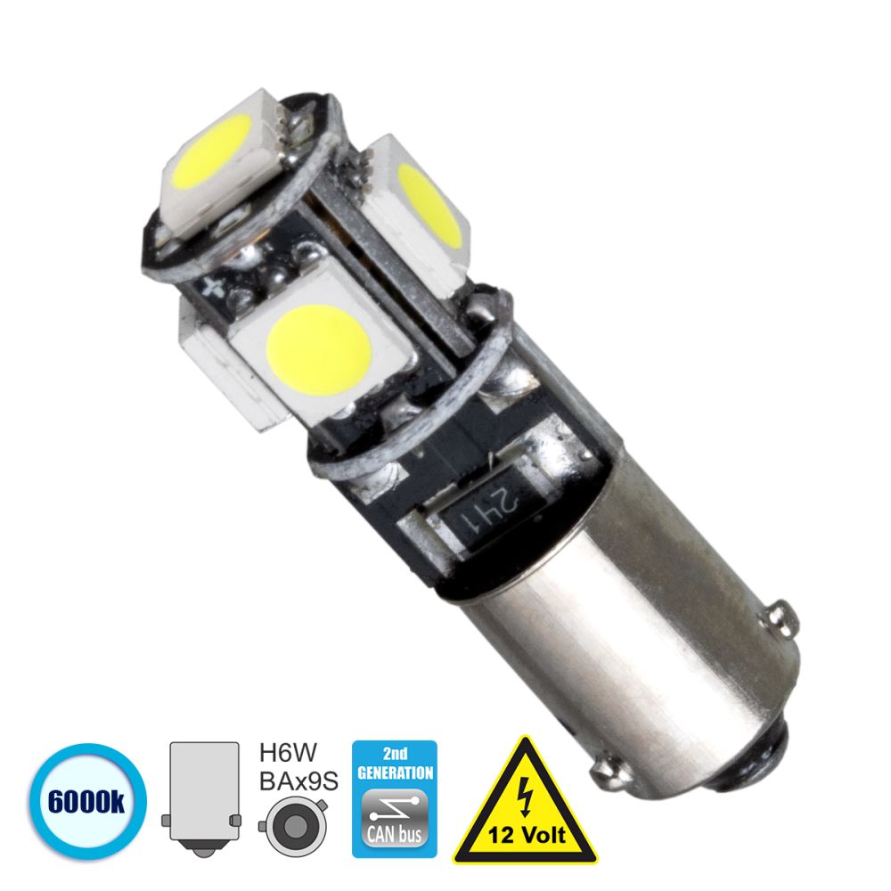GLOBOSTAR® BAX9S-H6W 81297 Λάμπα BAx9S H6W CANbus LED 0.5W 50lm 360° DC 12V IP20 Ψυχρό Λευκό 6000K - 5 x Epistar SMD5050 Chip - Μ1.1 x Π1.1 x Υ3.2cm - 1 Χρόνο Εγγύηση