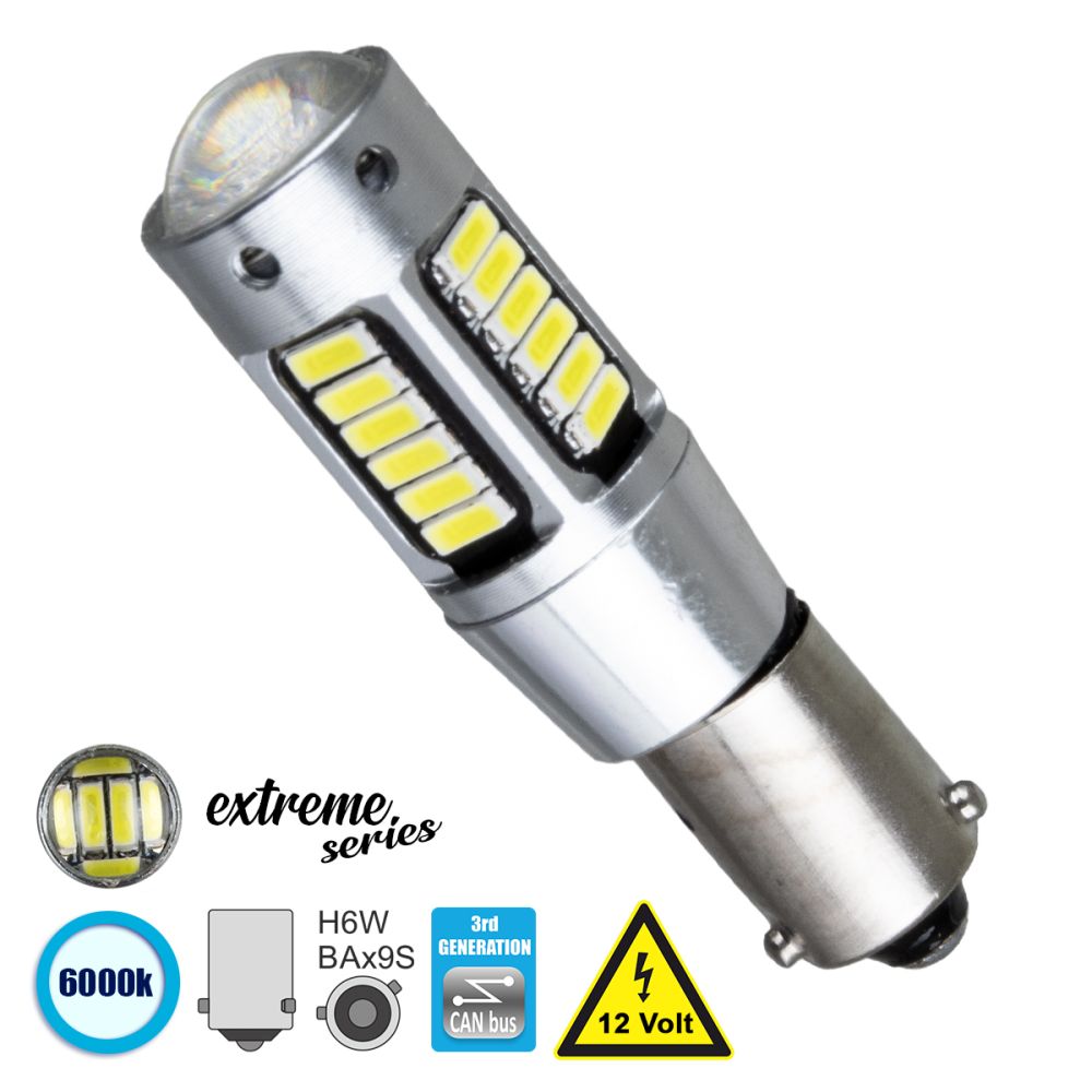 GLOBOSTAR® BAX9S-H6W 81299 Λάμπα BAx9S H6W CANbus LED 2.8W 300lm 360° DC 12V IP20 Ψυχρό Λευκό 6000K - 30 x Epistar SMD4014 Chip - Μ1.1 x Π1.1 x Υ4.6cm - 1 Χρόνο Εγγύηση