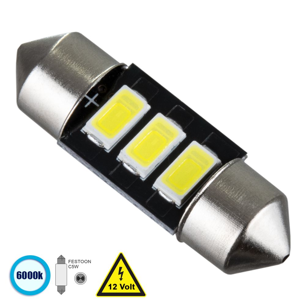 GloboStar® C5W 81301 Λάμπα Αυτοκίνητου 31mm FESTOON - LED 3 SMD 5630 0.36W 120lm 120° DC 12V IP20 Ψυχρό Λευκό 6000K