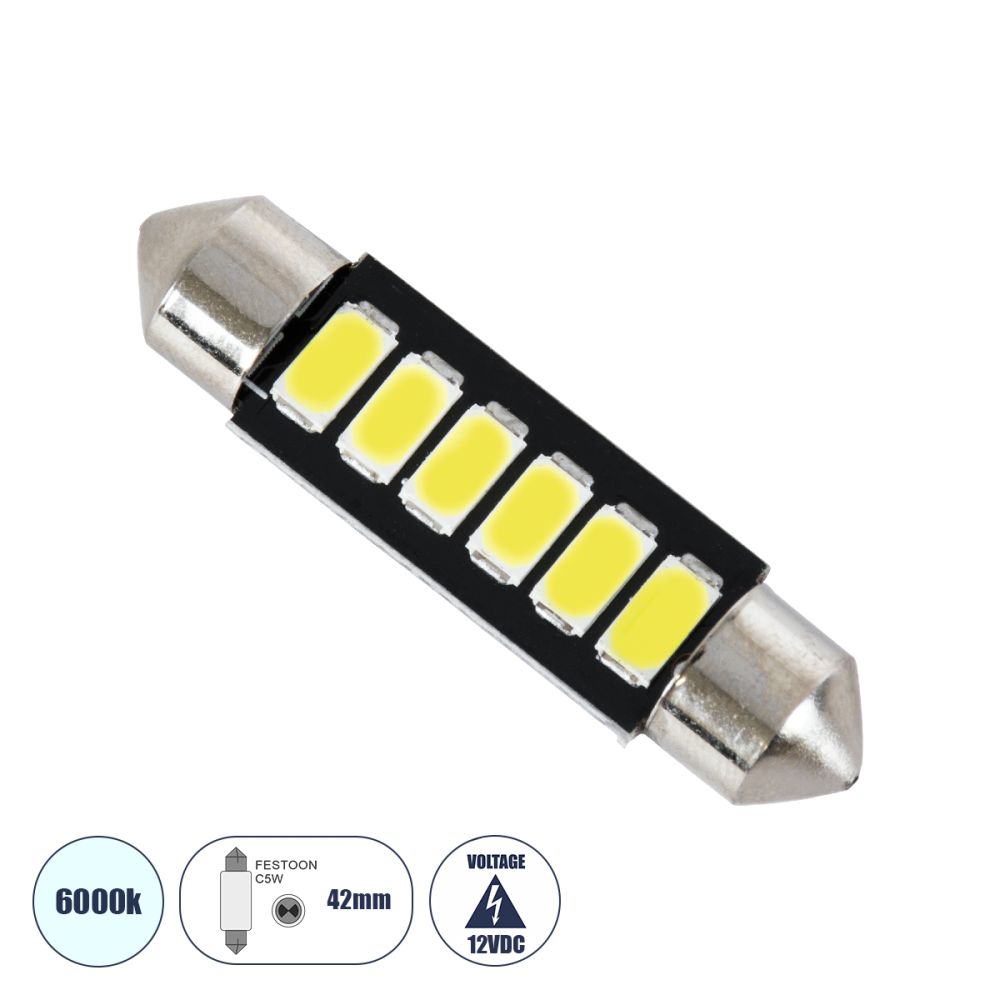GLOBOSTAR® C5W 81304 Σωληνωτή Λάμπα C5W 42mm LED 0.72W 240lm 120° DC 12V IP20 Ψυχρό Λευκό 6000K - 6 x Epistar SMD5630 Chip - Μ4.2 x Π0.9 x Υ0.9cm - 1 Χρόνο Εγγύηση