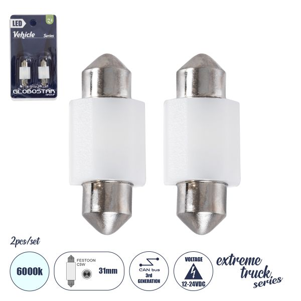 GLOBOSTAR® C5W 81332-B Σωληνωτή Λάμπα C5W 31mm CANbus LED 1.9W/3.8W 285lm/570lm 120° DC 12-24V IP20 Ψυχρό Λευκό 6000K - 2 x Epistar SMD3030 Chip - Μ3.1 x Π1.2 x Υ1cm - Πακέτο Blister 2 Τεμαχίων - 1 Χρόνο Εγγύηση