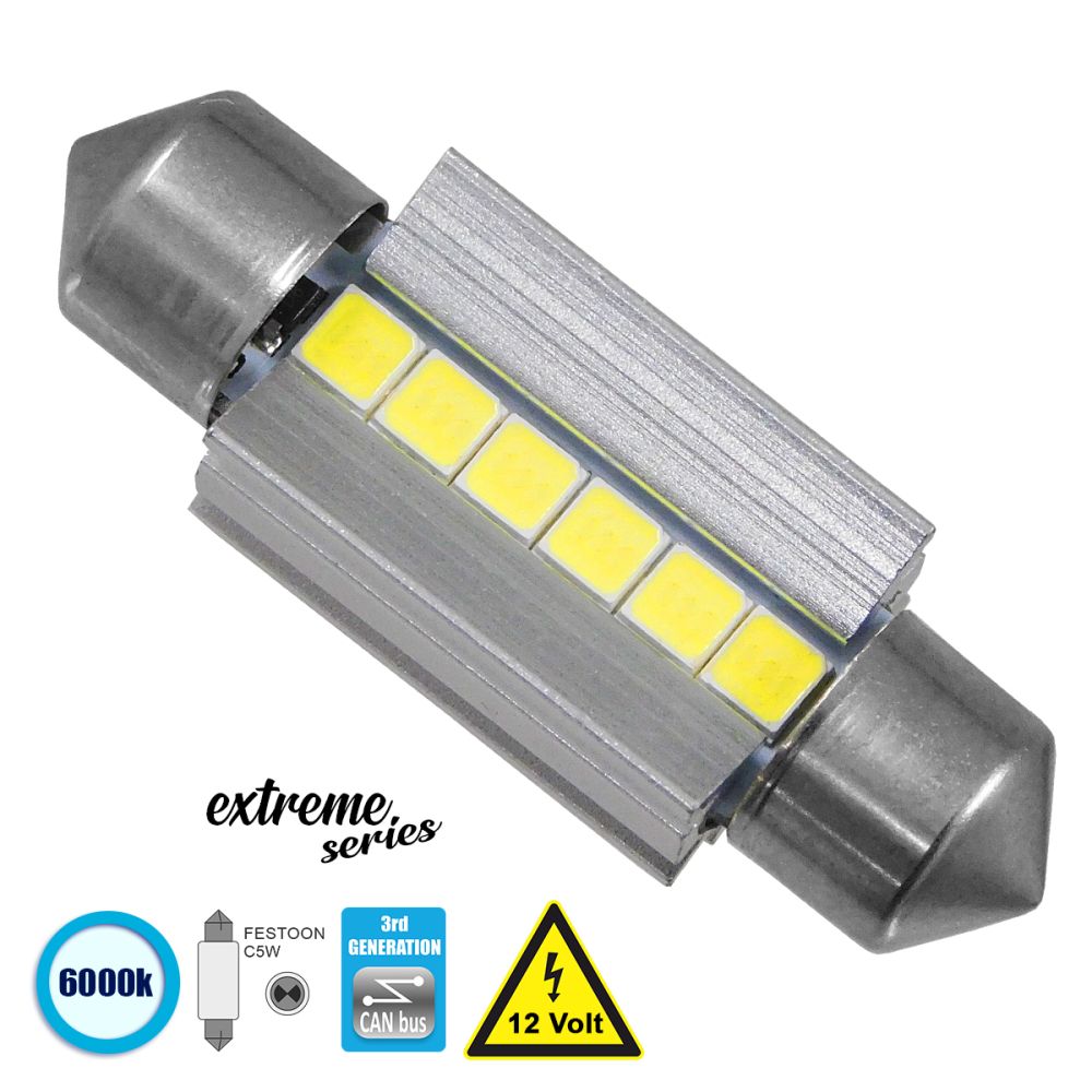 GloboStar® C5W 81338 Λάμπα Αυτοκινήτου 36mm FESTOON  3rd Generation Can-Bus Extreme Series LED 6 SMD 3030 3.2W 270lm 120° DC 12V IP20 Ψυχρό Λευκό 6000K