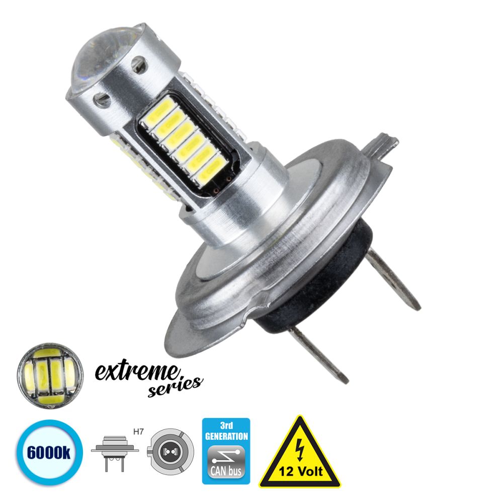 GloboStar® 81414 Λάμπα Αυτοκίνητου H7 3rd Generation Can-Bus Extreme Series LED 30 SMD 4014 2.8W 300lm 360° DC 12V IP20 Ψυχρό Λευκό 6000K