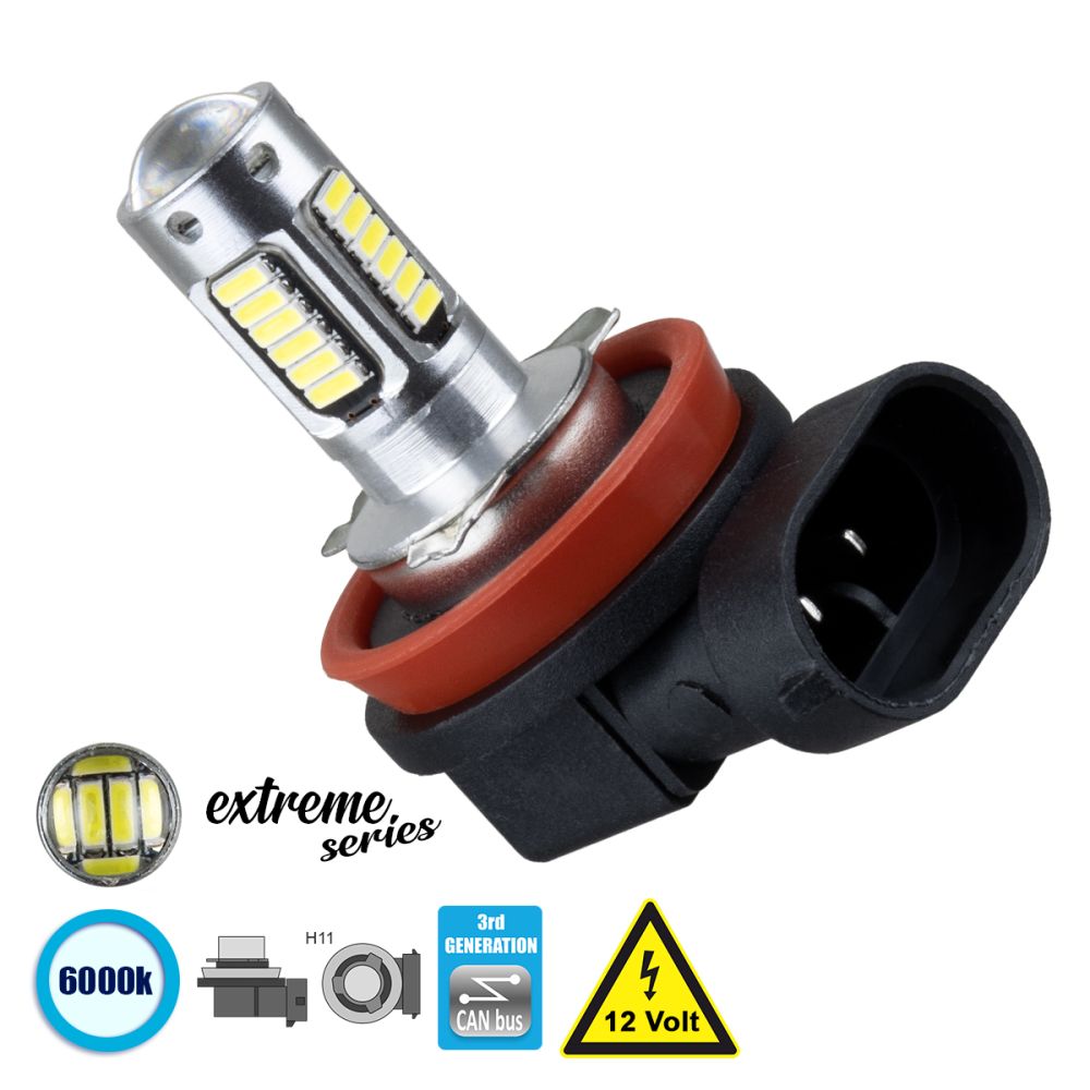 GLOBOSTAR® H11 81418 Λάμπα H11 CANbus LED 2.8W 300lm 360° DC 12V IP20 Ψυχρό Λευκό 6000K - 30 x Epistar SMD4014 Chip - Μ3.9 x Π3.1 x Υ4.9cm - 1 Χρόνο Εγγύηση